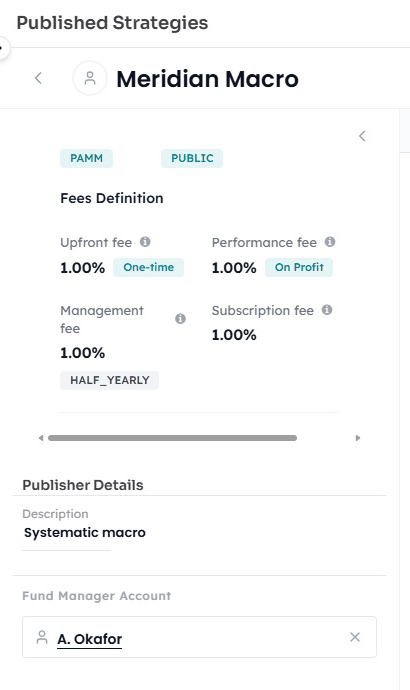 PAMM strategy record: PAMM and Public badges, fees definition with upfront, performance, management and subscription fees, publisher details and money manager account